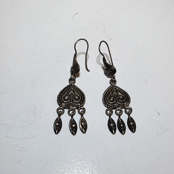 Sterling Silver 925 Ornate Design Dangle Hook Earings 2.5 Inches Long 12 Grams - Picture 1 of 5